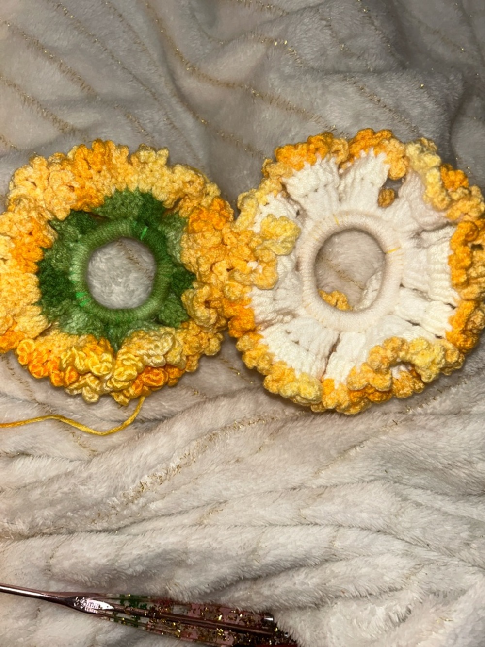 Hand Crafted Yellow and White Crochet Ruffle Hair Scrunchies (Set of 2)